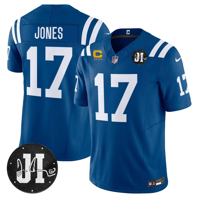 Men's Blue Indianapolis Colts #17 Daniel Jones 2025 F.U.S.E. With 4-Star C Patch And Jim Irsay Patch Vapor Limited Stitched Football Jersey